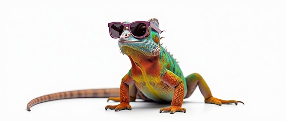 Colorful chameleon lizard with sunglasses isolated on white background