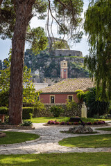 View of the Old Venetian fortress from the  Garden of the People in the town of Kerkyra on the island of Corfu in Greece