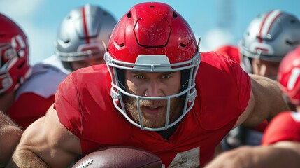 football player in a red jersey charges forward with the ball, surrounded by helmeted teammates, all focused on honing their skills during a warm afternoon practice
