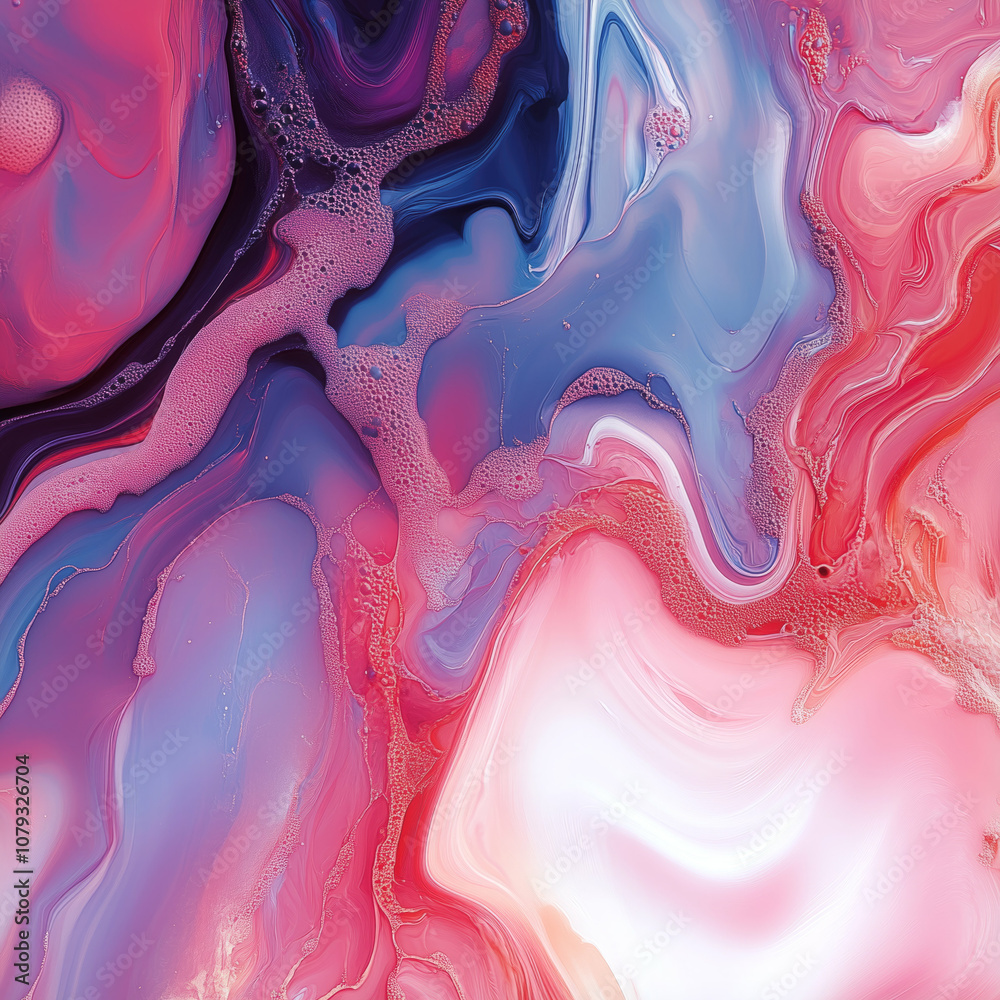 Leinwandbilder An elegant abstract composition in soft shades of pink, blue and red where wavy lines intertwine to create the illusion of layering. Smooth color transitions and bubbles add depth and a sense of movem