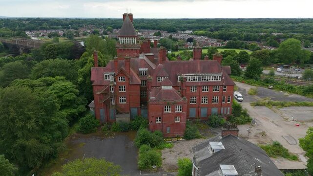 Preston, Lancashire, UK, May 31, 2024; aerial orbit clip of old East Cliff offices building off Winckley Square, Preston, Lancashire, England, UK. 