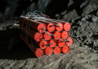 Explosive materials stacked in a dimly lit underground setting, prepared for detonation during a mining operation