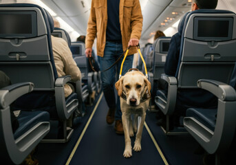 Service dog walking down the aisle of an airplane with a handler assisting passengers during a flight