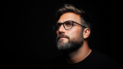 Obraz premium man with a beard and glasses looks thoughtfully upward, lost in contemplation, while the dim lighting accentuates his focused expression against the dark background