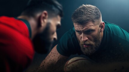 Two rugby players wearing contrasting jerseys engage in a tense moment, showcasing determination and focus as they prepare for a crucial play in a competitive match