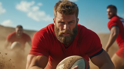 group of rugby players in red jerseys engages in an intense training session on a dusty field, demonstrating teamwork and athleticism under a clear blue sky