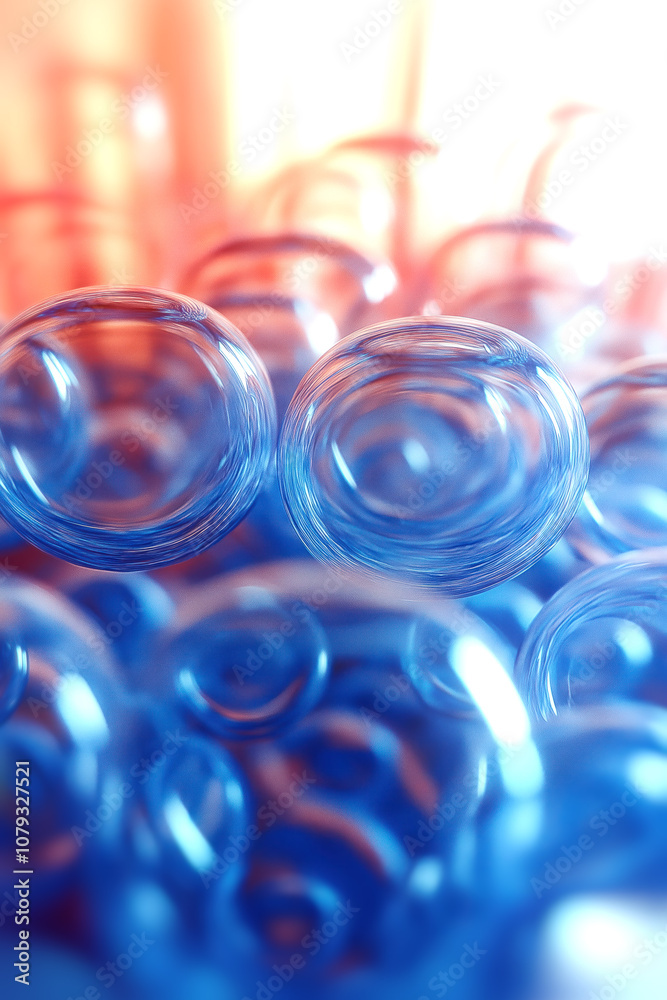 Poster Composition of spherical transparent glass objects surrounded by bright highlights. Cold and warm tones create an effect of depth through blur and sharpness