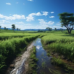 An overview of a green rice field and hill under the sky. AI creation