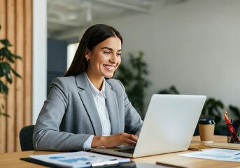 Professional woman working on a laptop in a bright office space during the daytime with plants and stationery around her