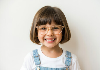 Fototapeta premium A cheerful young girl with glasses smiles brightly while wearing denim overalls, standing against a plain white background