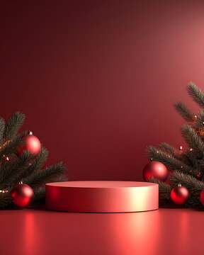 Christmas product display podium. Christmas tree decorations and fir branches. Minimalistic red background. Perfect for a for sale announcement.