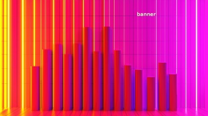 Fototapeta premium A vibrant digital background featuring a gradient of pink and orange with vertical lines and bar graphs, highlighted by the word 