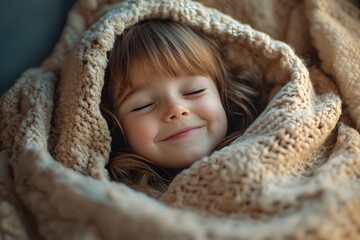 A joyful child wrapped in a cozy blanket during a chilly afternoon