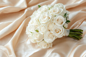 Elegant white rose bouquet resting on luxurious satin fabric backdrop