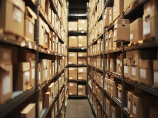 Obraz premium Efficiently managing inventory with organized rows of labeled boxes in climate-controlled warehousing