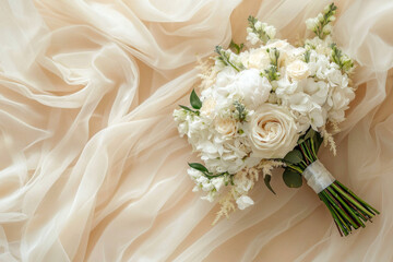 Elegant white bridal bouquet arranged on soft satin fabric background