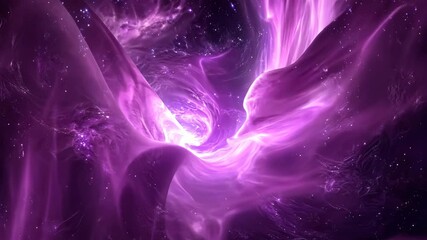 A purple nebula swirls in space, glowing brightly against the black backdrop