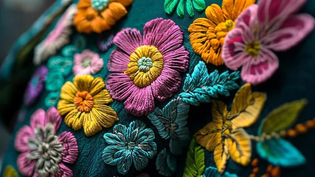 A close-up of colorful embroidered flowers on a dark teal fabric