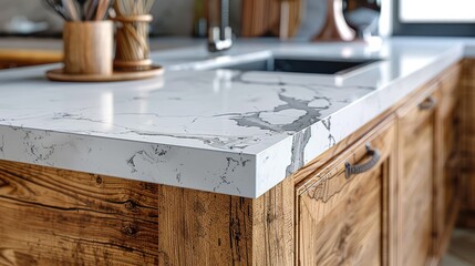 Close-up of a white marble kitchen countertop with wood cabinets.