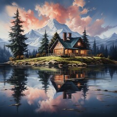 Fototapeta premium A beautiful view of a house stands on the water around the sky, cloud ice hill reflection image