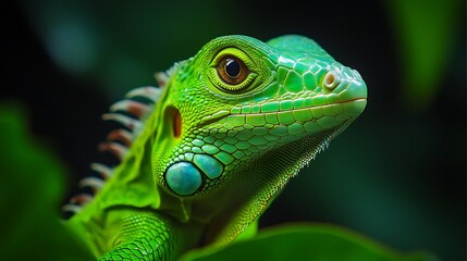 Fototapeta premium Detailed view of a small green iguana in nature.