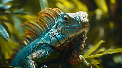 Fototapeta premium Close-up of a vibrant green iguana sunbathing outdoors.