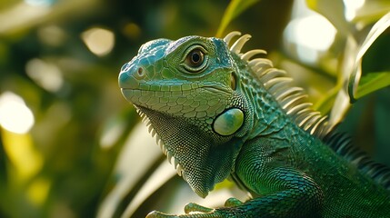 Fototapeta premium Close-up of a green iguana blending with the foliage.
