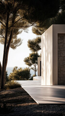 Hyper-realistic view of a modern Mediterranean villa by the sea, with white slabs, Charlotte stone walls, glass facades, and warm lighting in a pine forest setting. Perfect for refined architecture