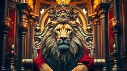 A royal lion king wearing a gold crown sits on a red throne in a luxurious castle. Generative AI