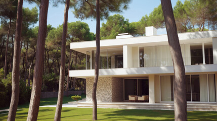 Hyper-realistic view of a modern Mediterranean villa by the sea, with white slabs, Charlotte stone walls, glass facades, and warm lighting in a pine forest setting. Perfect for refined architecture