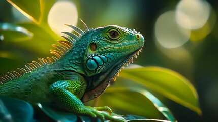 Obraz premium A small green iguana with detailed scales in close-up.