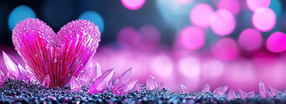 Sparkling pink rose crystal Valentine heart surrounded by crystals against a pink bokeh background with copy space, ideal for Valentine’s Day banners and desktop wallpapers.