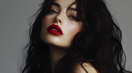 Naklejka premium kobieta, piękna kobieta, brunetka, makijaż glamour, czerwona szminka, elegancja, stylizacja, portret kobiety, reklama kosmetyków, tło szare, profesjonalna fotografia, długie włosy, kobiecy portret, re