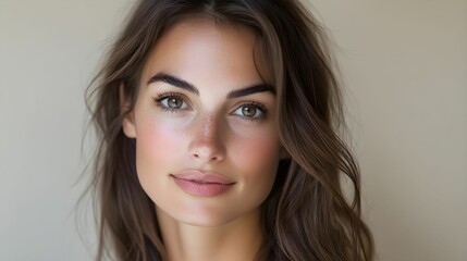 portret kobiety, zjawiskowa uroda, profesjonalna fotografia, elegancja, reklama kosmetyków, piękna kobieta, subtelny makijaż, portret na gładkim tle, kobiecy urok, profesjonalne oświetlenie, fotografi