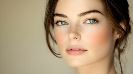 Fototapeta premium portret kobiety, zjawiskowa uroda, profesjonalna fotografia, elegancja, reklama kosmetyków, piękna kobieta, subtelny makijaż, portret na gładkim tle, kobiecy urok, profesjonalne oświetlenie, fotografi