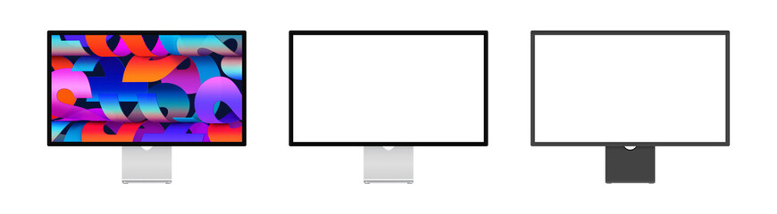 Apple Studio Display monitors with colorful and blank screens in silver and black stands © Hamza