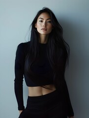 Naklejka premium kobieta, portret, profesjonalna fotografia, styl minimalistyczny, długie ciemne włosy, luksusowy wygląd, reklama mody, piękna skóra, promienna cera, stylizacja na szarości, subtelny makijaż, fotografi