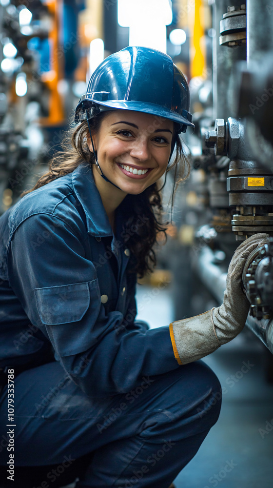 Poster Empowered industrial worker demonstrating expertise while operating machinery in a factory