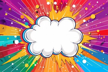 Comic-style cloud bubble with colorful radial explosion background in vibrant rainbow colors. Pop art illustration with blank space for text. Generative AI