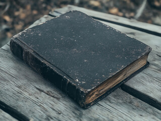 A close-up of an old weathered book with yellowed pages