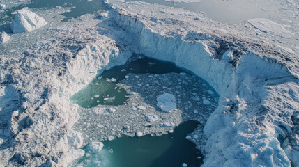 Aerial view of a glacial ice formation with melting icebergs in Greenland