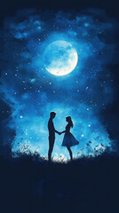 Romantic valentine's day night scene with couple under starry sky for greeting cards