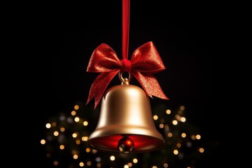 Red Bow on a Christmas Bell Hanging from a Branch