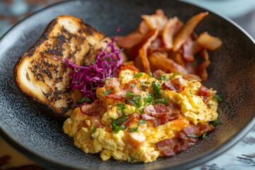 Close-up of a plate with scrambled eggs, bacon and toasted bread