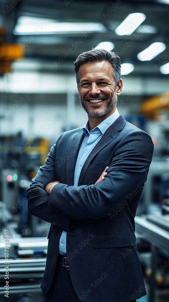 Poster confident manager posing with crossed arms and smiling in a modern industrial factory