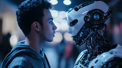 Man engaging in dialogue with advanced ai technology and futuristic machine learning concepts