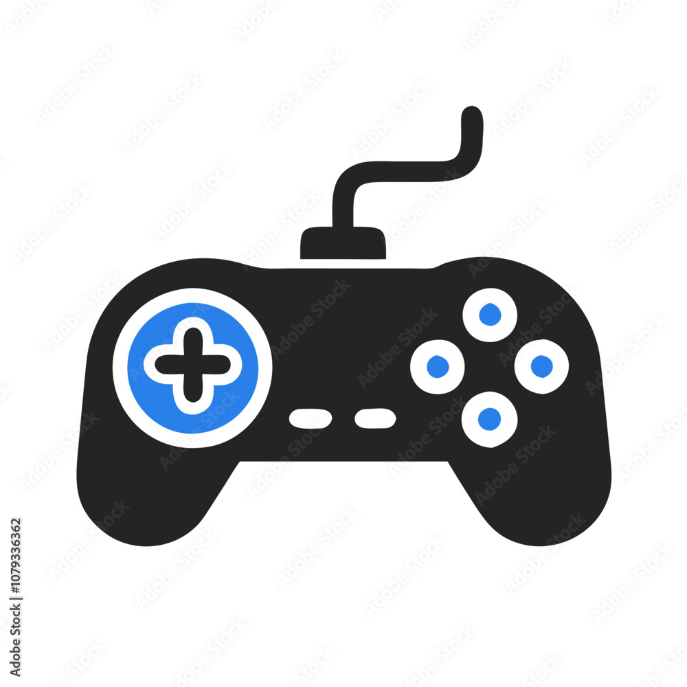 Poster a simple vector icon of a classic gaming controller displaying buttons and a joystick design, symbol