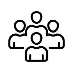 A vector icon depicting a diverse group of four individuals standing together in a collaborative and engaged manner, symbolizing teamwork and community unity in a modern design