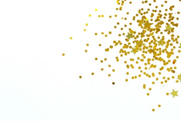 Golden confetti on white background, top view