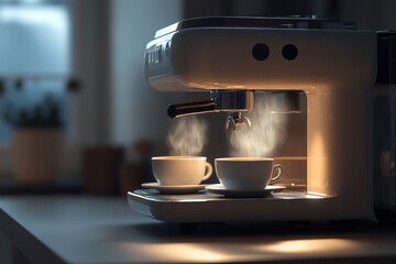 Gourmet coffee setup with espresso machine and dark coffee pouring into cups